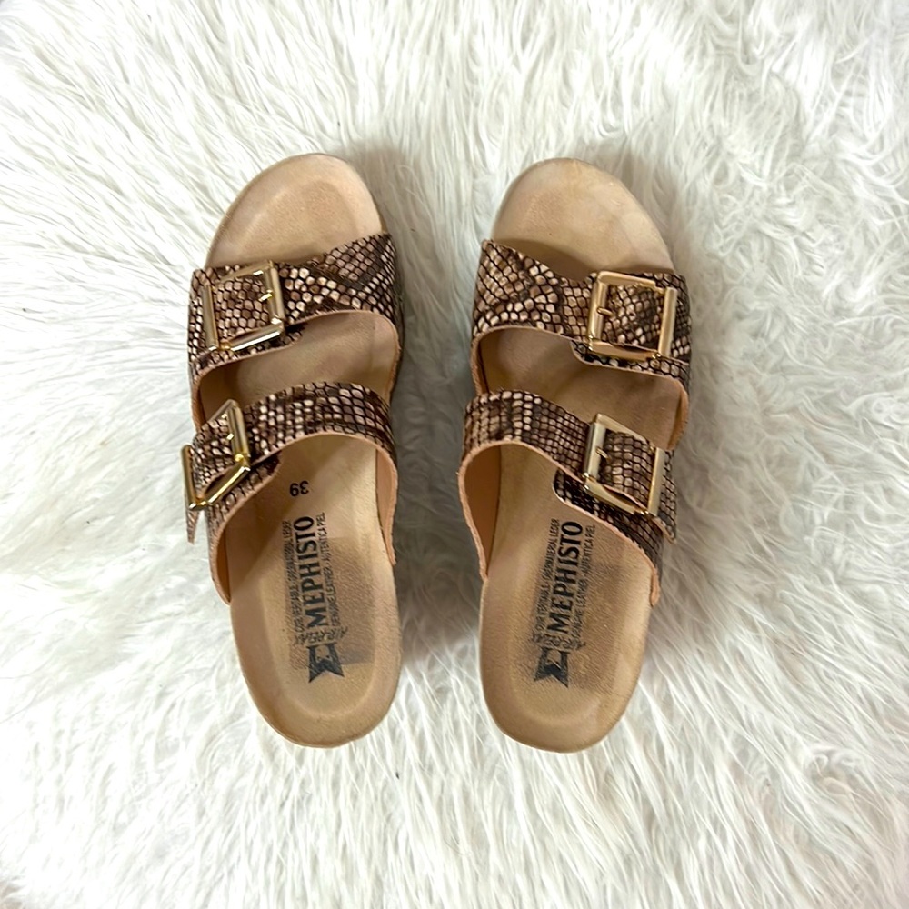 Mephisto sandals. Chic snakeskin look leather upper with leather insoles.